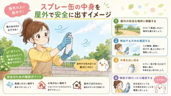 スプレー缶の中身を屋外で安全に出すイメージ