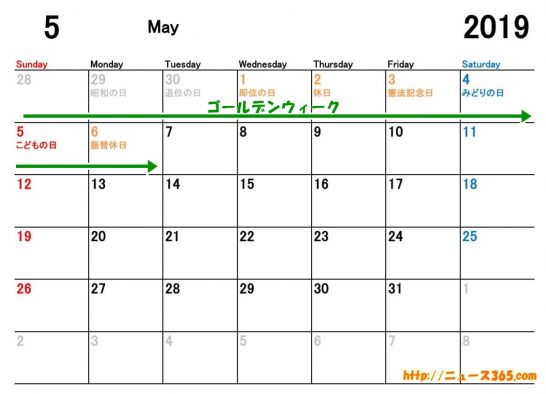 2019年5月カレンダー