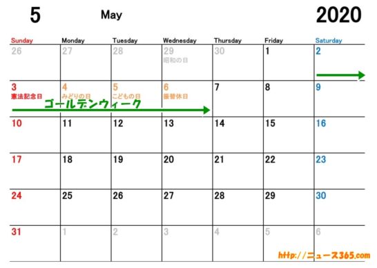 2020年5月カレンダー