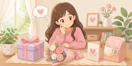母の日のプレセントを選ぶ女の子のイラスト