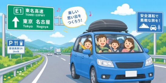 家族旅行と高速道路のイラスト