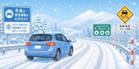 雪道と車のイラスト