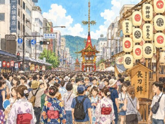 祇園祭の前祭でにぎわう通り