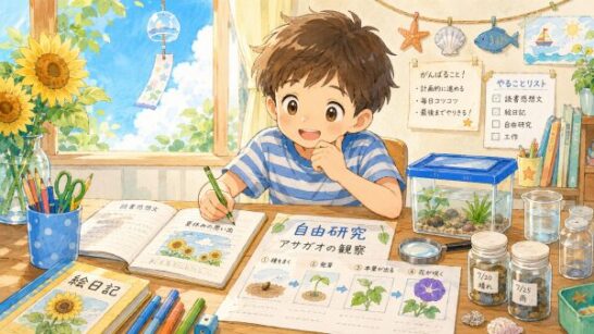 夏休みの宿題と自由研究を進めるイメージ