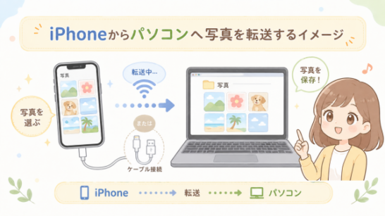 iPhoneからパソコンへ写真を転送するイメージ