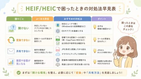 HEIF/HEICで困ったときの対処法早見表イメージ