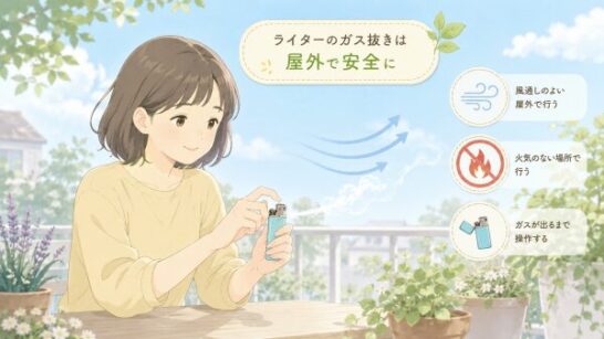 ライターのガス抜きを屋外で行うイメージ