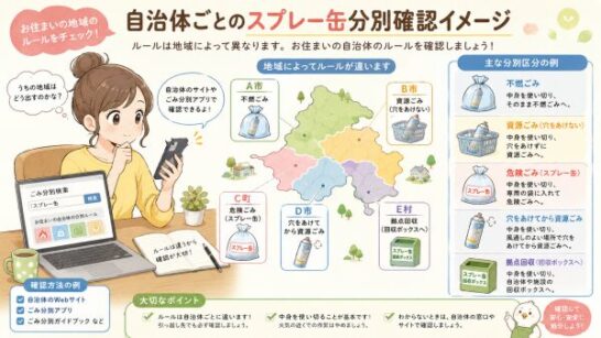 自治体ごとのスプレー缶分別確認イメージ