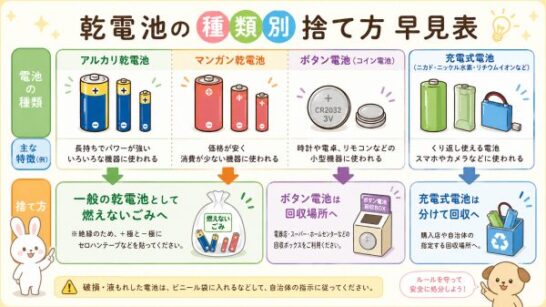 乾電池の種類別捨て方早見表イメージ