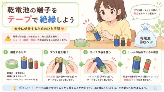 乾電池の端子をテープで絶縁するイメージ