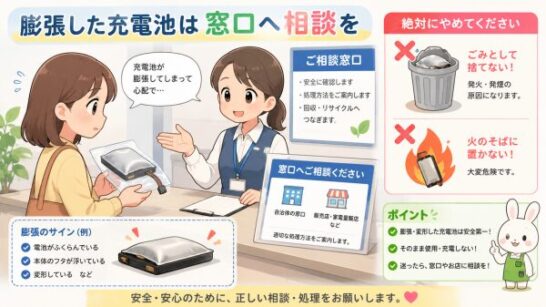 膨張した充電池を窓口へ相談するイメージ