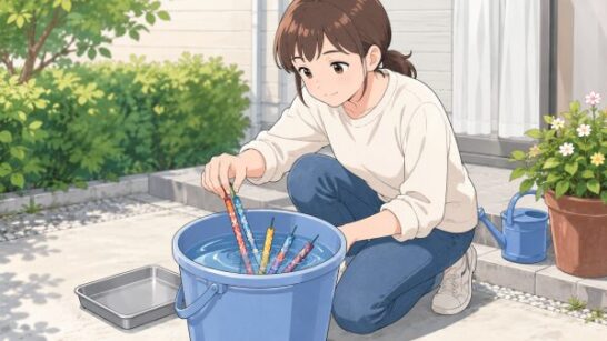 未使用花火をバケツの水に浸すイメージ