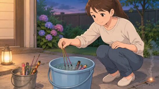 使用済み花火を水入りバケツに入れるイメージ