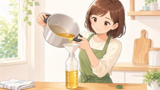 冷ました油をペットボトルへ移す手順イメージ