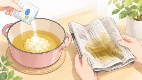 凝固剤や新聞紙で油を処理するイメージ