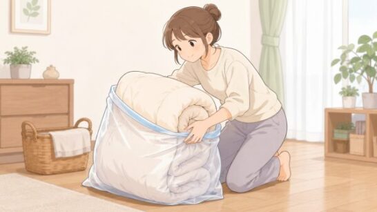 布団を小さくまとめて指定袋に入れるイメージ