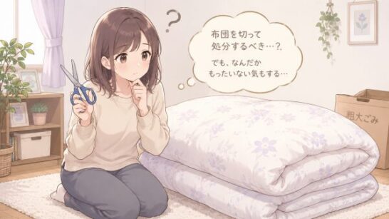 布団を切って処分するか迷うイメージ