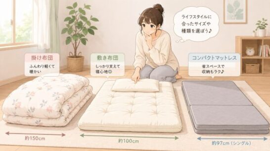 布団の種類とサイズを確認するイメージ