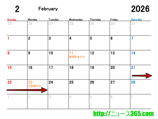 2026年2月のカレンダーに連休矢印を追加したもの