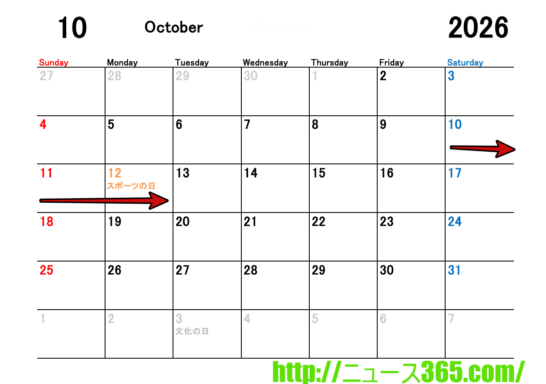 2026年10月のカレンダーに連休矢印を追加したもの