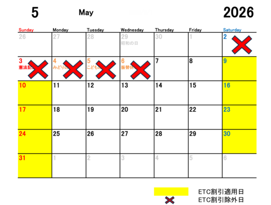2026年5月のETC休日割引適用日と除外日をカレンダーにて表示
