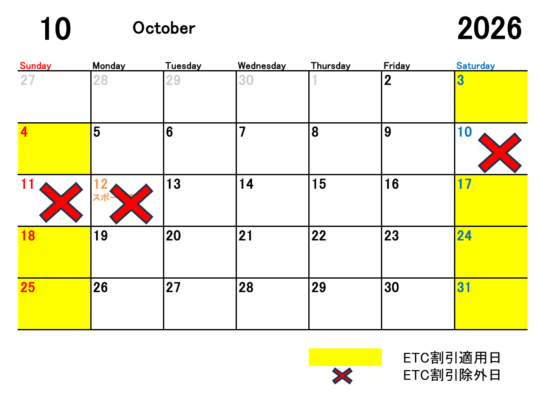 2026年10月のETC休日割引適用日と除外日をカレンダーにて表示