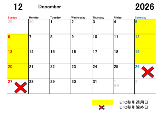 2026年12月のETC休日割引適用日と除外日をカレンダーにて表示