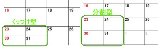 月末をくっつけないカレンダー比較