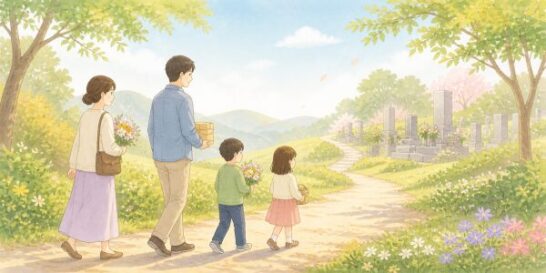 お墓参りに向かう家族のイラスト