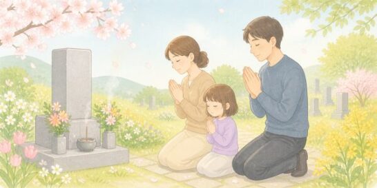 家族でお墓参りしているイラスト