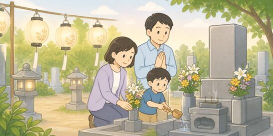 お墓参りの家族のイラスト