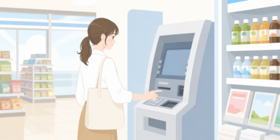 コンビニのATMで操作をしている女性