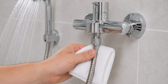 タオルでシャワーホース接続部分の水漏れを確認する様子