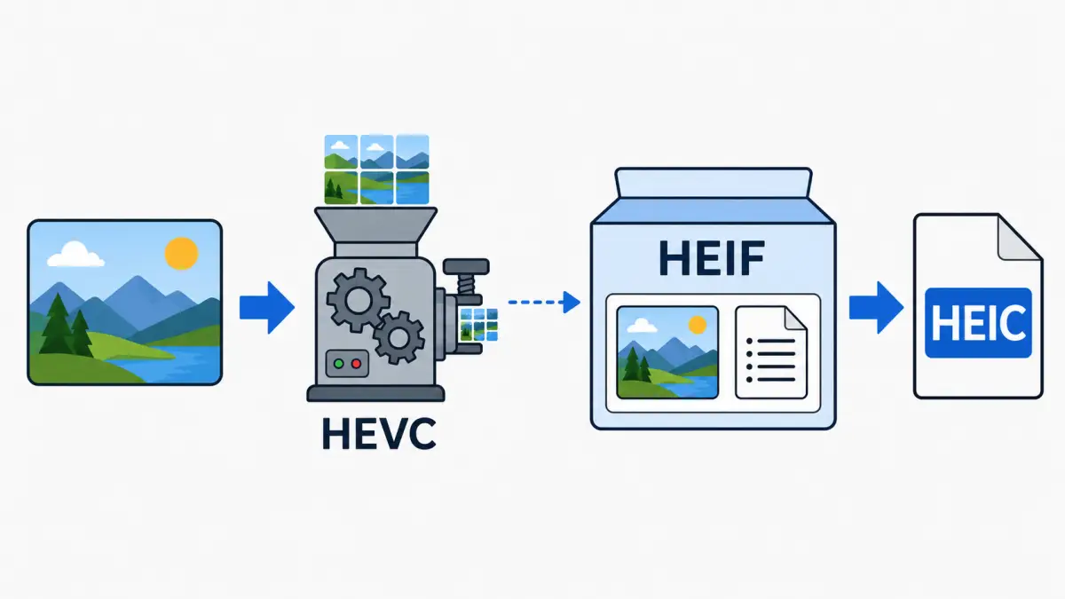 HEVCで圧縮した画像をHEIFに格納し、HEICファイルとして保存する関係図