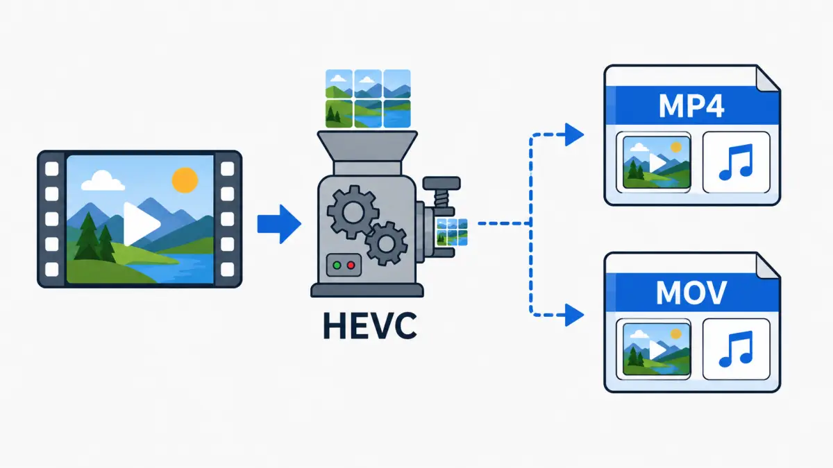 HEVCは動画を圧縮するコーデックであり、MP4とMOVは動画や音声を保存するコンテナであることを視覚的に説明する。