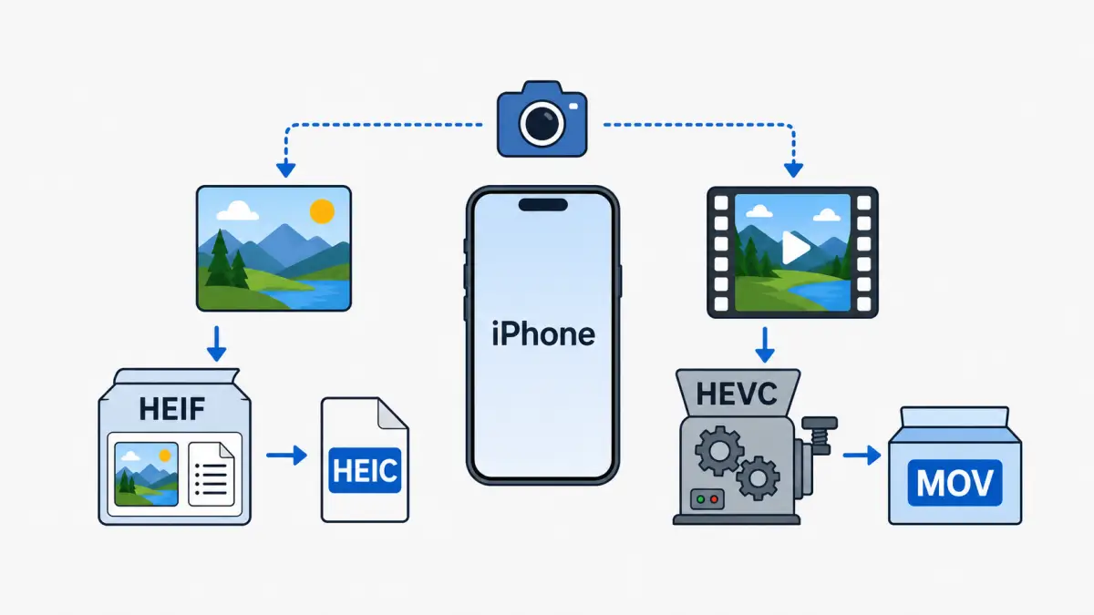 iPhoneの高効率設定では、写真と動画で異なる形式が使われることを分かりやすく示す。