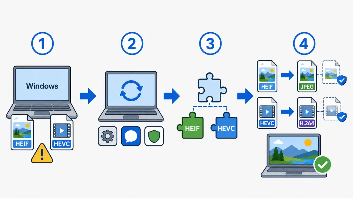 Windowsでファイルが開けないときに、何を順番に確認すればよいかを、番号と矢印で理解できるようにする。
