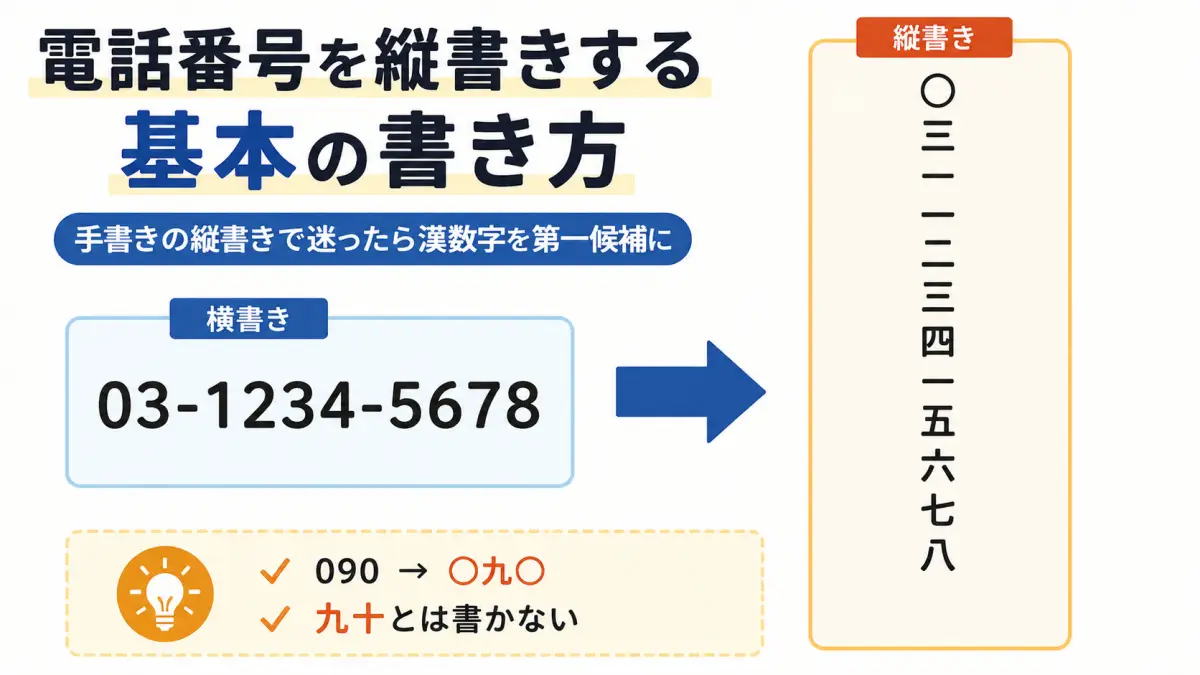 電話番号を縦書きする基本の書き方の図解