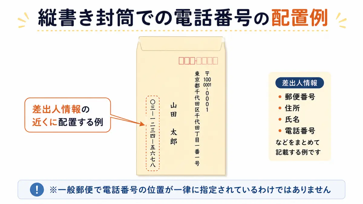 縦書き封筒で電話番号を書く位置の配置例