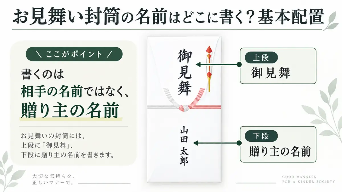 お見舞い封筒の上段に御見舞、下段中央に贈り主の名前を書く基本配置