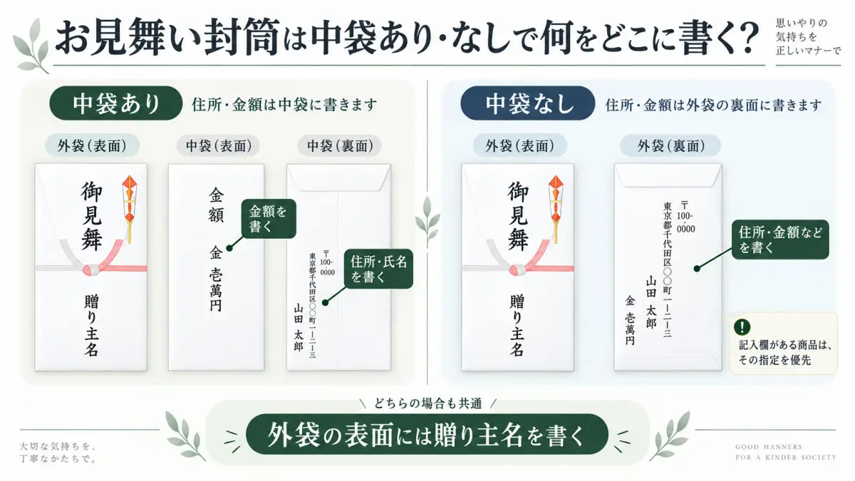 お見舞い封筒の中袋あり・なしで名前・住所・金額を書く位置を比較した図