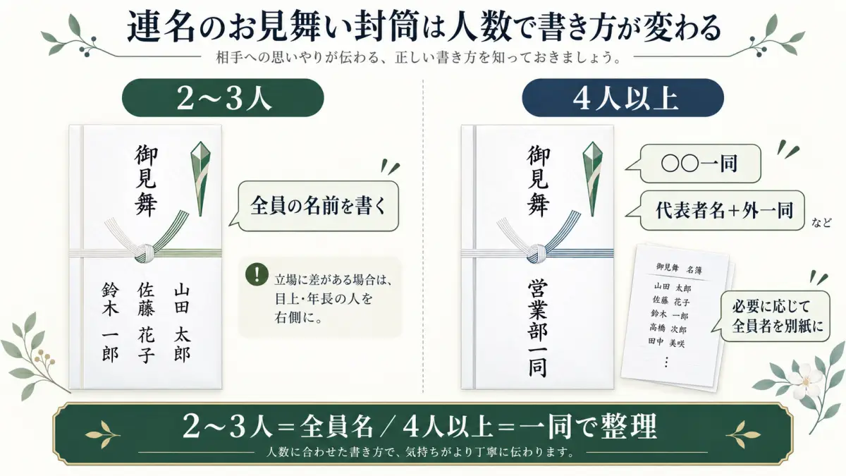 お見舞い封筒の連名を2〜3人と4人以上で書き分ける方法を示した図