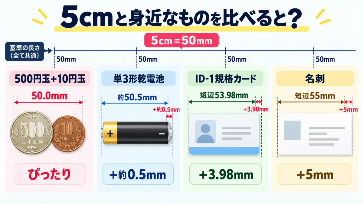 5cmを500円玉と10円玉、単3形乾電池、カード、名刺の長さと比較した図