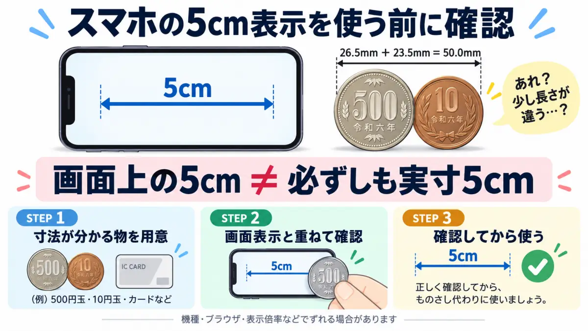 スマホ画面の5cm表示を硬貨で確認してから使う手順を示した図