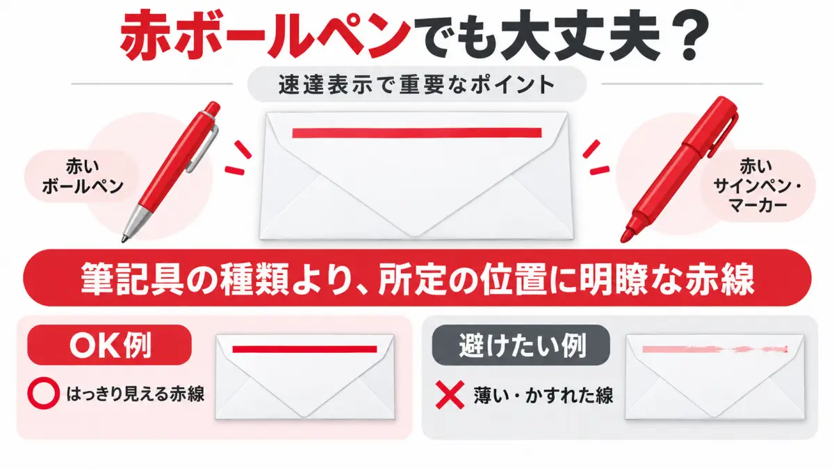赤ボールペンで速達の赤線を書くときの重要ポイントを示した図解