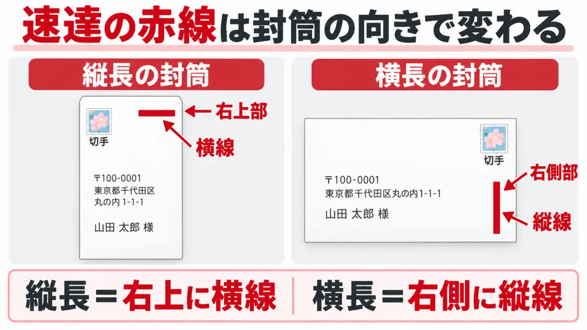 縦長と横長の封筒で速達の赤線を引く位置と向きを示した図解