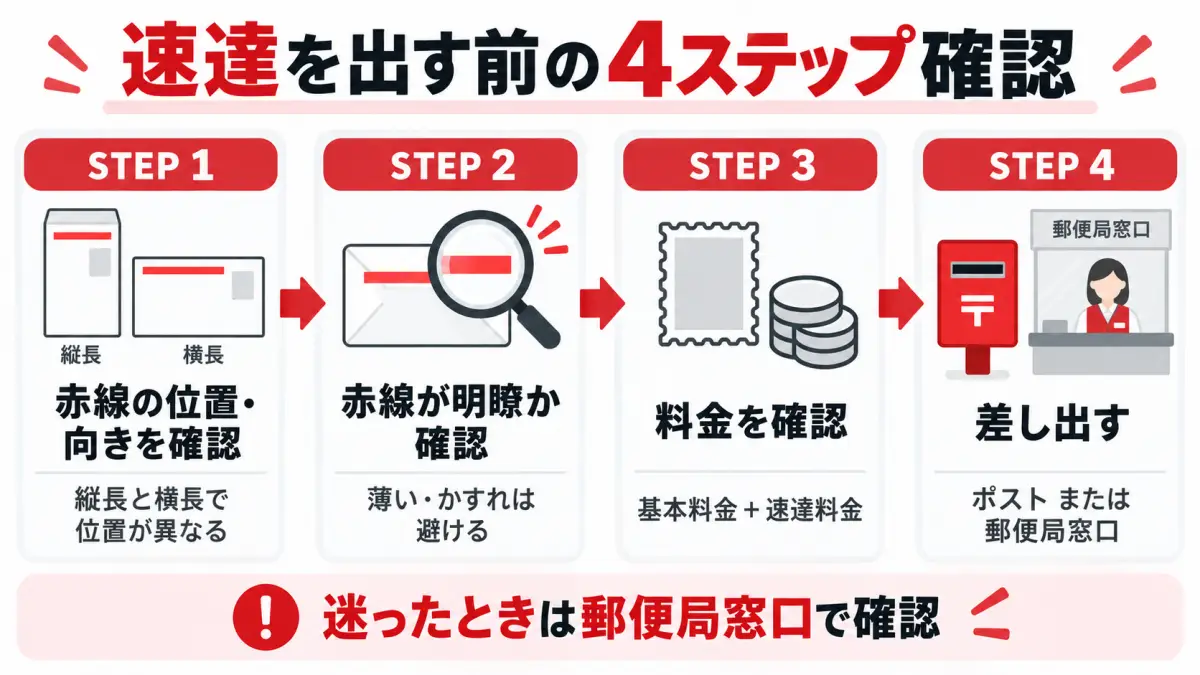 速達を出す前に赤線・料金・差し出し方法を確認する4ステップの図解