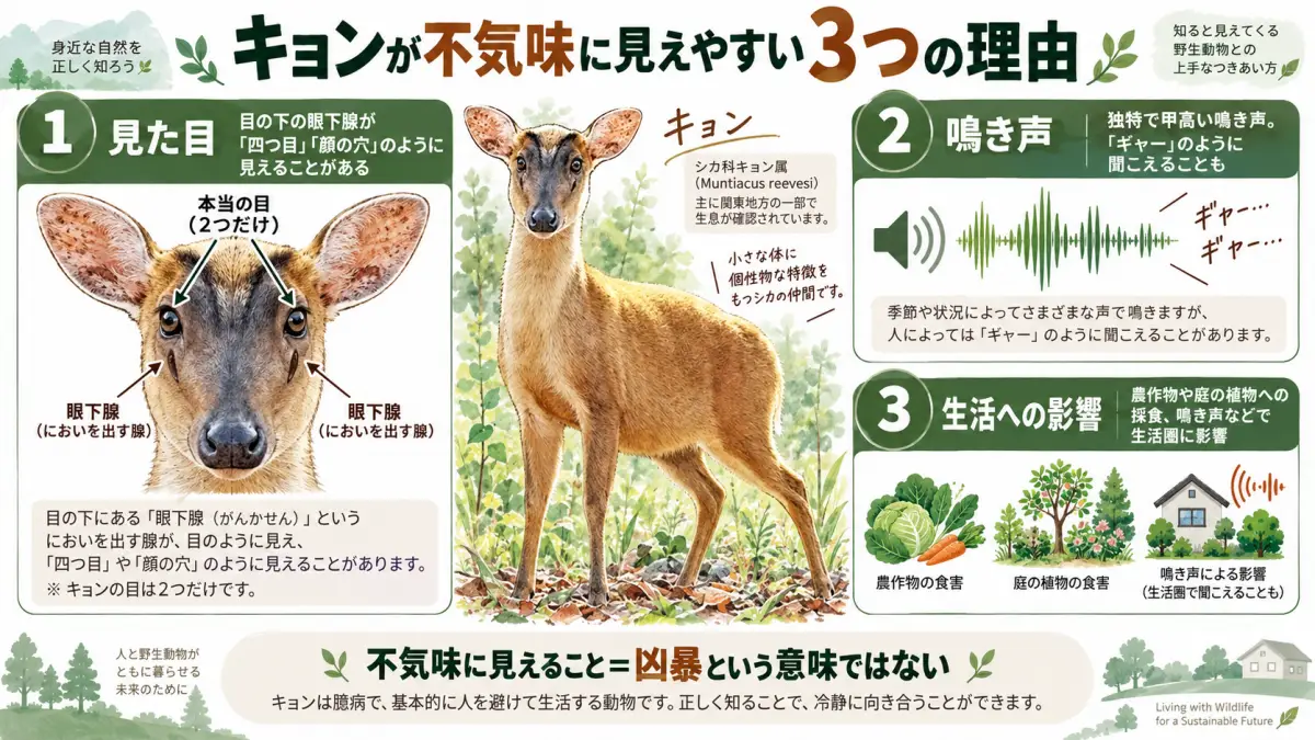 キョンが不気味に見えやすい理由を見た目・鳴き声・生活への影響の3点で示した図解