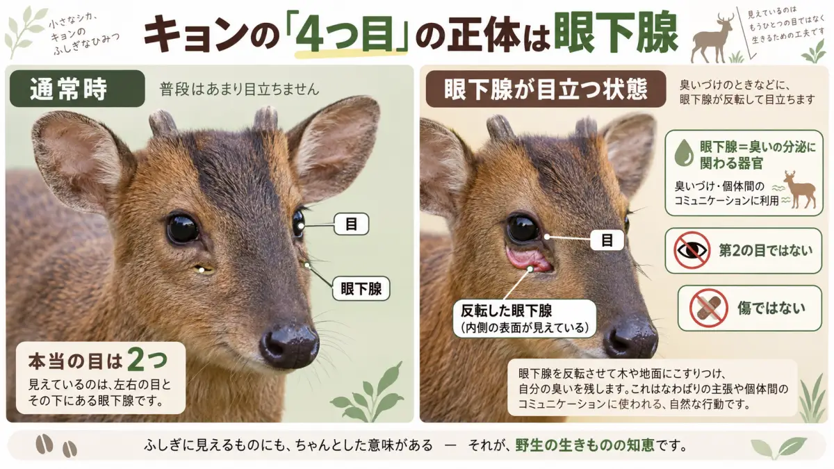 キョンの本当の目と目の下の眼下腺の位置や役割を示した図解
