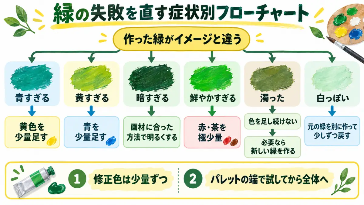 青すぎる・黄すぎる・暗い・濁るなど緑の失敗を直す症状別フローチャート